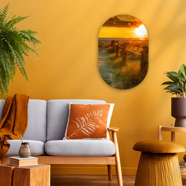 Zon - Strand - Duin - Horizon - Gras - Pad - Oranje Wandcirkel Ovaal Forex klein -sfeer4