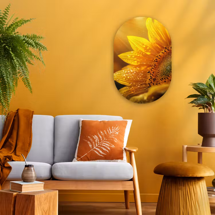 Zonnebloem - Dauwdruppels - Geel - Zonlicht Wandcirkel Ovaal Forex klein -sfeer4