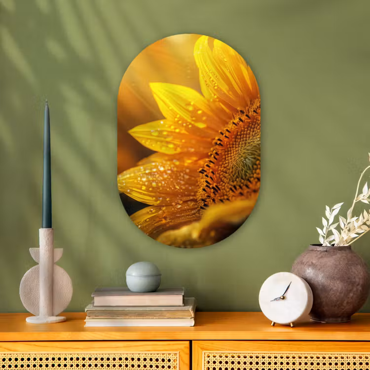 Zonnebloem - Dauwdruppels - Geel - Zonlicht Wandcirkel Ovaal Forex klein -sfeer2