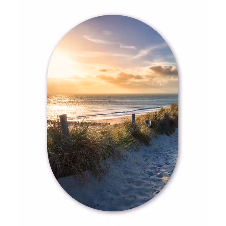 Zonsondergang - Strand - Duin - Gras - Bank Wandcirkel Ovaal Forex klein -3d