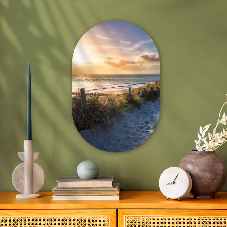 Zonsondergang - Strand - Duin - Gras - Bank Wandcirkel Ovaal Forex klein -sfeer2