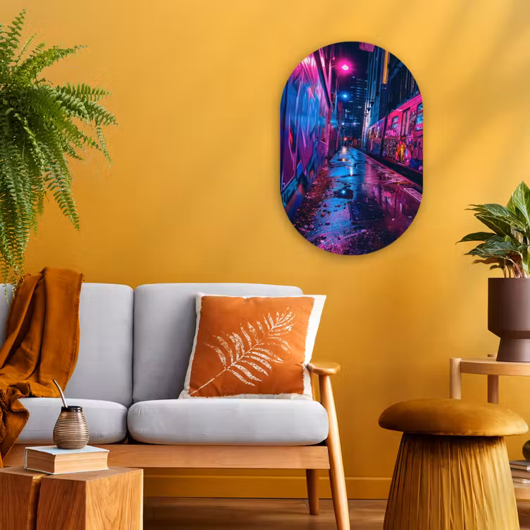 Stad - Neon - Nacht - Roze - Graffiti Wandcirkel Ovaal Forex klein -sfeer4