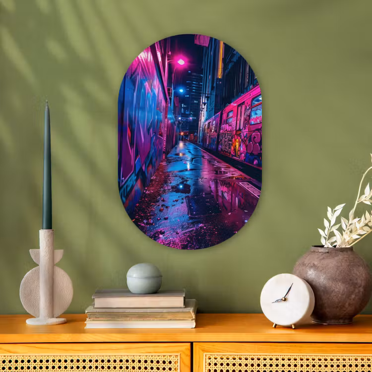 Stad - Neon - Nacht - Roze - Graffiti Wandcirkel Ovaal Forex klein -sfeer2