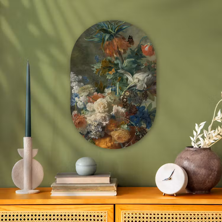 Stilleven met bloemen - Schilderij van Jan van Huysum Wandcirkel Ovaal Forex klein -sfeer2