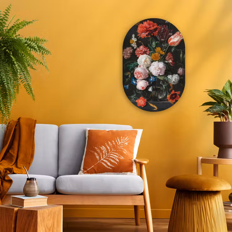 Stilleven met bloemen in een glazen vaas - Schilderij van Jan Davidsz. de Heem Wandcirkel Ovaal Forex klein -sfeer4