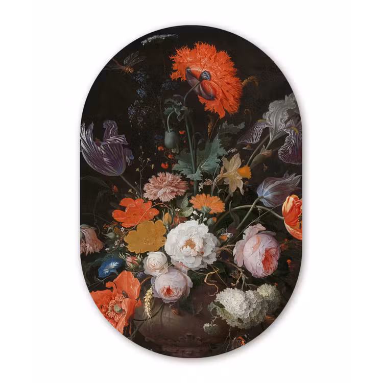 Stilleven met bloemen en een horloge - Schilderij van Abraham Mignon Wandcirkel Ovaal Forex klein -3d