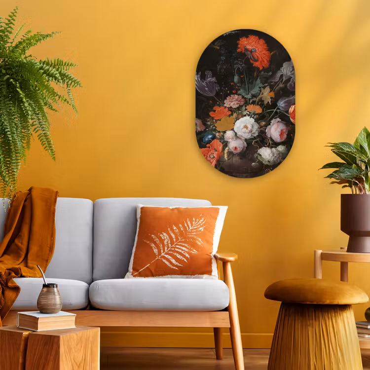 Stilleven met bloemen en een horloge - Schilderij van Abraham Mignon Wandcirkel Ovaal Forex klein -sfeer4