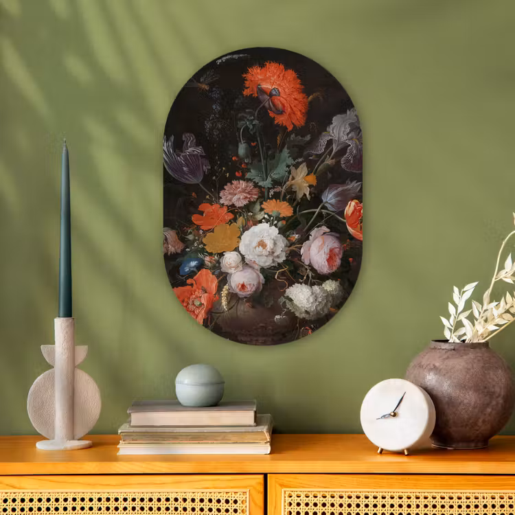 Stilleven met bloemen en een horloge - Schilderij van Abraham Mignon Wandcirkel Ovaal Forex klein -sfeer2