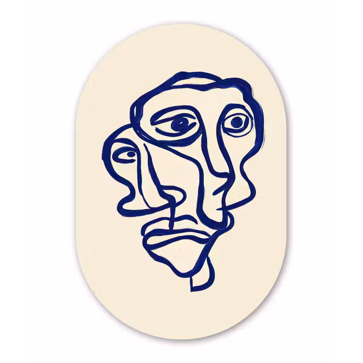 Lijntekening - Overlappende gezichten - Donkerblauw Wandcirkel Ovaal Forex klein -3d