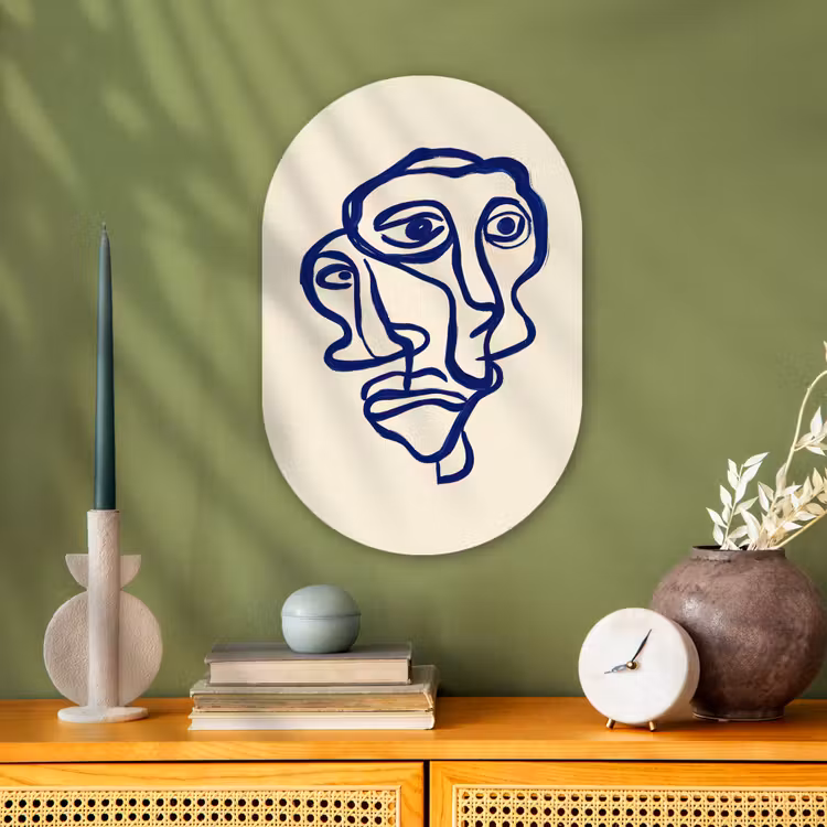 Lijntekening - Overlappende gezichten - Donkerblauw Wandcirkel Ovaal Forex klein -sfeer2