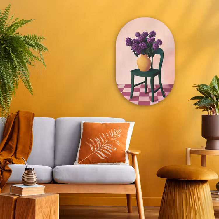 Stoel - Vaas - Bloemen - Geblokt Wandcirkel Ovaal Forex klein -sfeer4