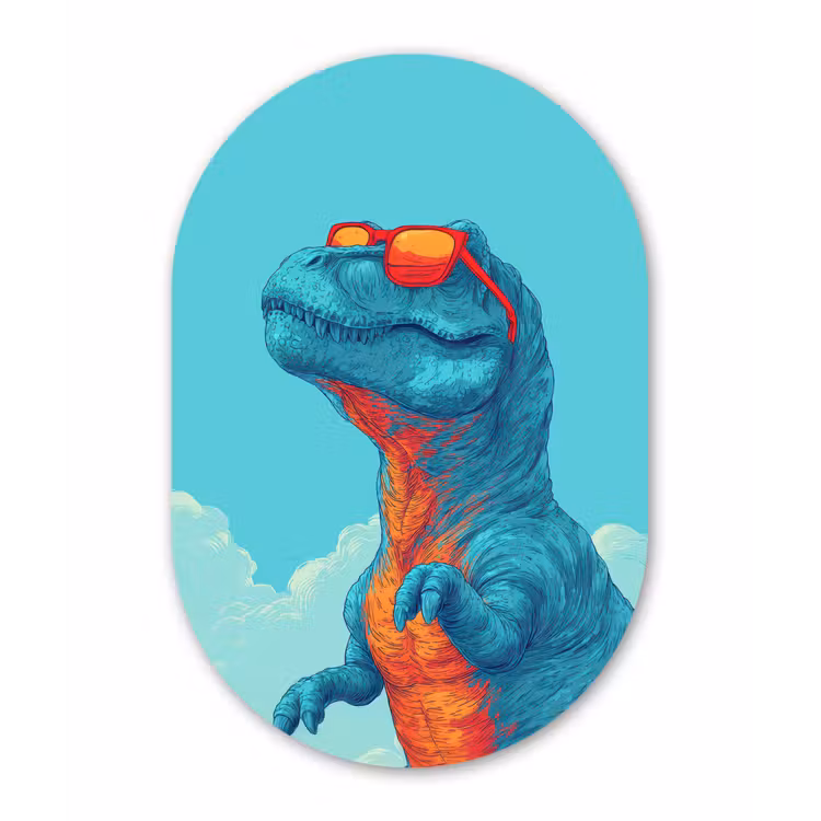 T-Rex - Blauw - Wolken - Zonnebril Wandcirkel Ovaal Forex klein -3d