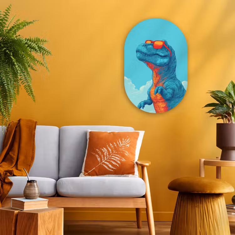 T-Rex - Blauw - Wolken - Zonnebril Wandcirkel Ovaal Forex klein -sfeer4