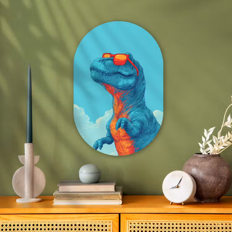 T-Rex - Blauw - Wolken - Zonnebril Wandcirkel Ovaal Forex klein -sfeer2