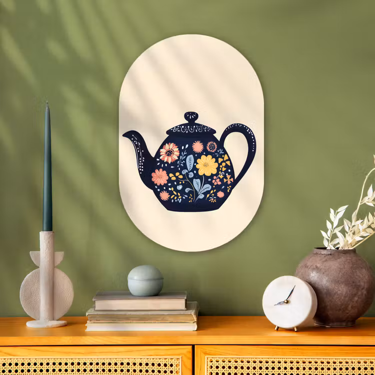 Theepot - Kleurrijk - Bloemen Wandcirkel Ovaal Forex klein -sfeer2
