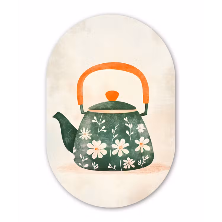 Theepot - Groen - Bloemen - Oranje Wandcirkel Ovaal Forex klein -3d