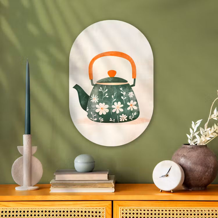 Theepot - Groen - Bloemen - Oranje Wandcirkel Ovaal Forex klein -sfeer2