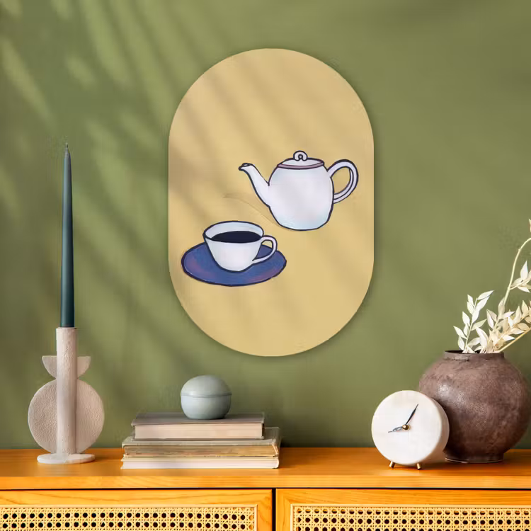 Theepot - Kopje - Beige - Illustratie Wandcirkel Ovaal Forex klein -sfeer2