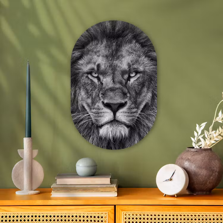 Dieren - Leeuw - Zwart - Wit - Portret Wandcirkel Ovaal Forex klein -sfeer2