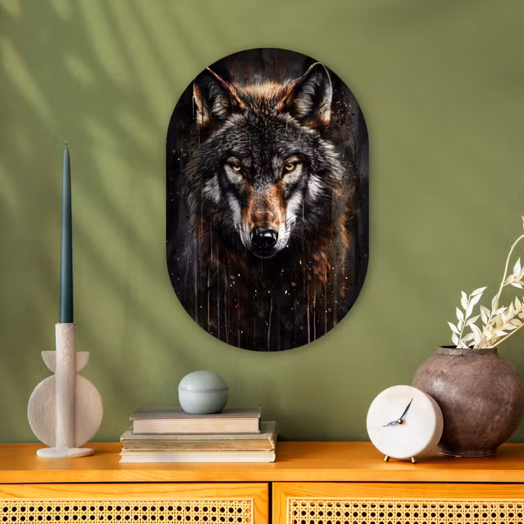Dieren - Wolf - Portret - Zwart - Bruin Wandcirkel Ovaal Forex klein -sfeer2
