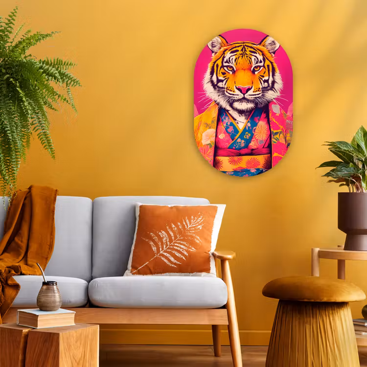 Tijger - Kimono - Planten - Roze Wandcirkel Ovaal Forex klein -sfeer4