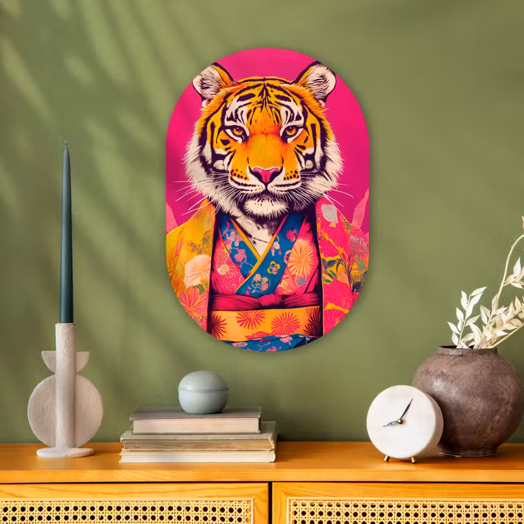 Tijger - Kimono - Planten - Roze Wandcirkel Ovaal Forex klein -sfeer2