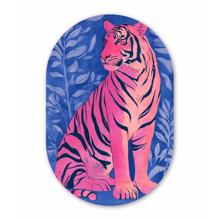 Tijger - Roze - Bladeren - Jungle Wandcirkel Ovaal Forex klein -3d