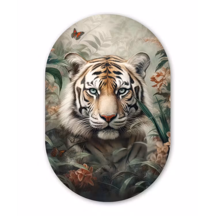 Tijger - Vlinders - Dieren - Jungle - Bloemen Wandcirkel Ovaal Forex klein -3d