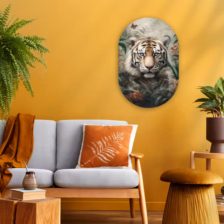 Tijger - Vlinders - Dieren - Jungle - Bloemen Wandcirkel Ovaal Forex klein -sfeer4