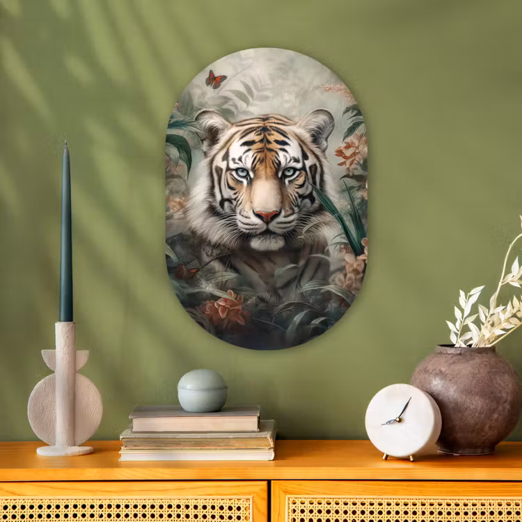 Tijger - Vlinders - Dieren - Jungle - Bloemen Wandcirkel Ovaal Forex klein -sfeer2