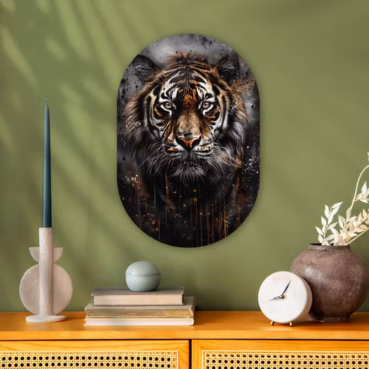Tijger - Dieren - Portret - Luxe - Zwart Wandcirkel Ovaal Forex klein -sfeer2