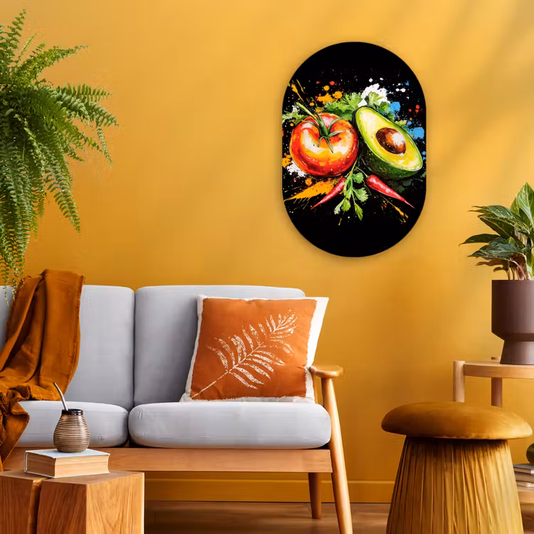 Tomaat - Avocado - Peper - Graffiti - Verf - Modern Wandcirkel Ovaal Forex klein -sfeer4