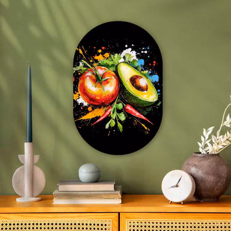 Tomaat - Avocado - Peper - Graffiti - Verf - Modern Wandcirkel Ovaal Forex klein -sfeer2