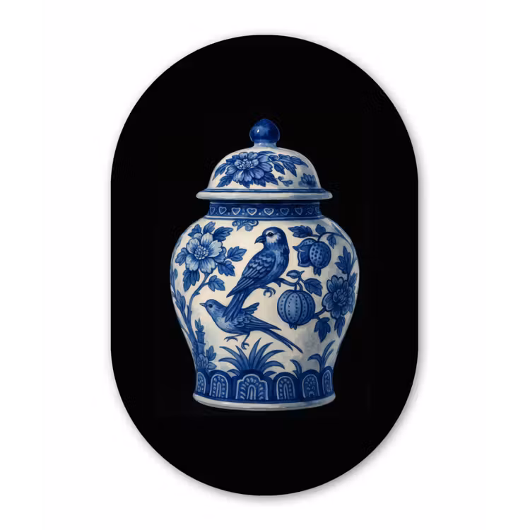 Pot - Delfts Blauw - Bloemen Wandcirkel Ovaal Forex klein -3d