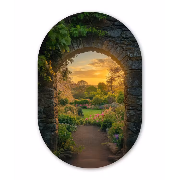 Poort - Planten - Zonsondergang Wandcirkel Ovaal Forex klein -3d