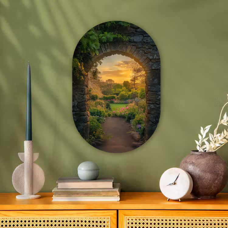 Poort - Planten - Zonsondergang Wandcirkel Ovaal Forex klein -sfeer2