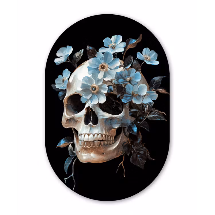 Schedel - Blauw - Bloemen - Bladeren Wandcirkel Ovaal Forex klein -3d