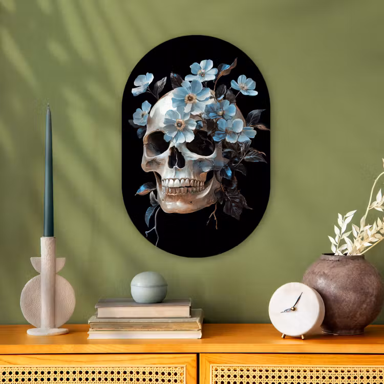 Schedel - Blauw - Bloemen - Bladeren Wandcirkel Ovaal Forex klein -sfeer2