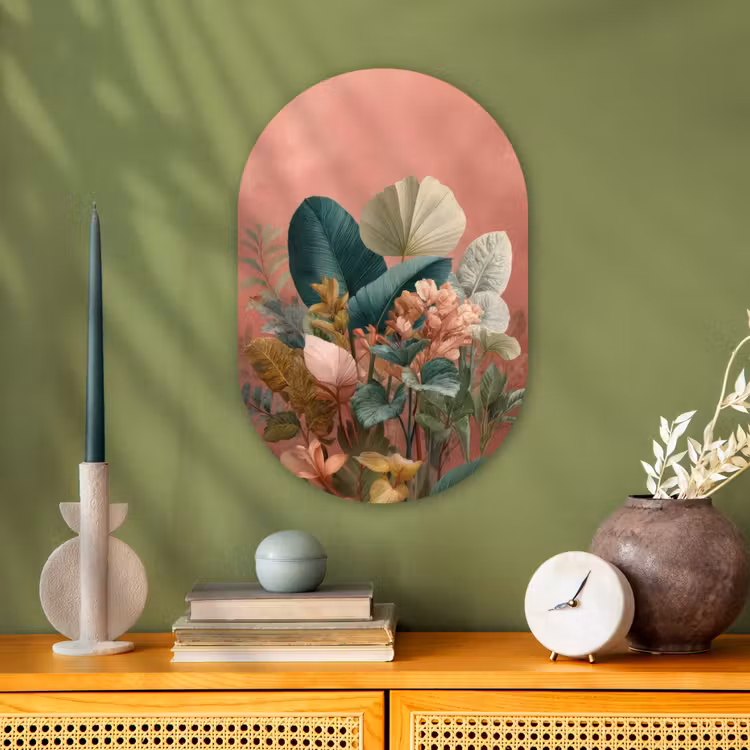 Tropische bladeren - Bloemen - Roze - groen Wandcirkel Ovaal Forex klein -sfeer2