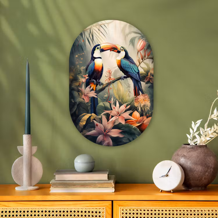 Toekan - Vogels - Bloemen - Natuur - Jungle Wandcirkel Ovaal Forex klein -sfeer2