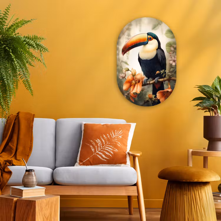 Toekan - Vogel - Bloemen - Planten Wandcirkel Ovaal Forex klein -sfeer4