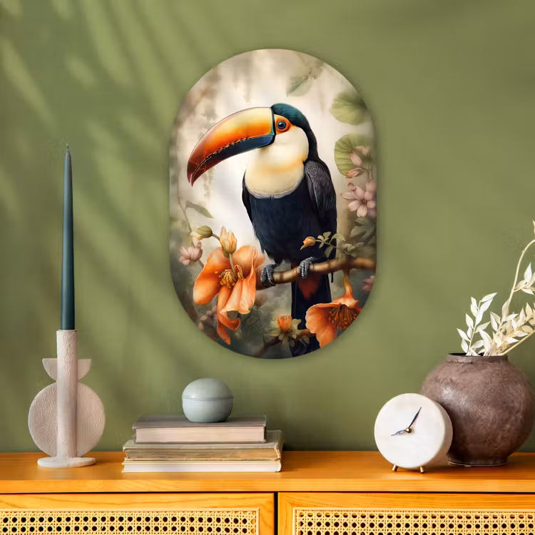 Toekan - Vogel - Bloemen - Planten Wandcirkel Ovaal Forex klein -sfeer2