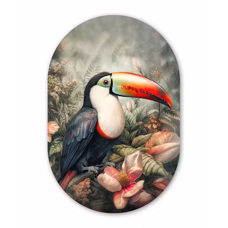 Toekan - Vogels - Bloemen - Planten - Tropisch Wandcirkel Ovaal Forex klein -3d