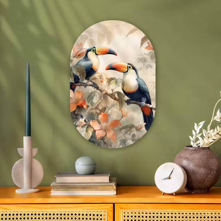 Toekan - Vogels - Bloemen - Tak Wandcirkel Ovaal Forex klein -sfeer2