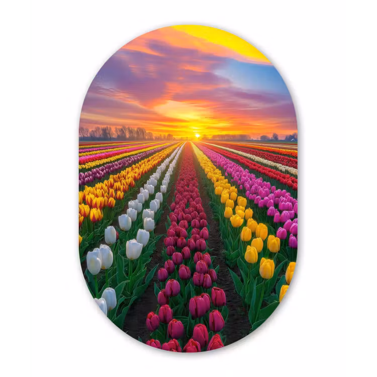 Tulpenveld - Zonsondergang - Kleurrijk Wandcirkel Ovaal Forex klein -3d