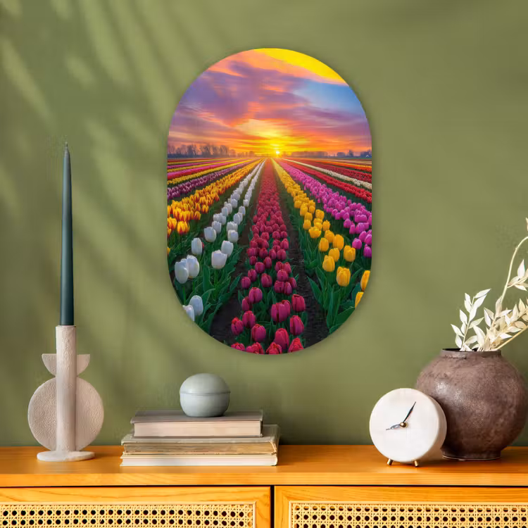 Tulpenveld - Zonsondergang - Kleurrijk Wandcirkel Ovaal Forex klein -sfeer2