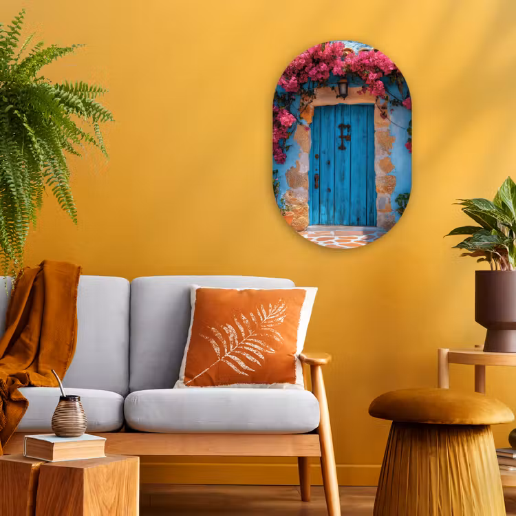 Deur - Hout - Bloemen - Blauw Wandcirkel Ovaal Forex klein -sfeer4