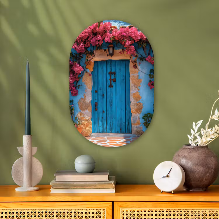 Deur - Hout - Bloemen - Blauw Wandcirkel Ovaal Forex klein -sfeer2