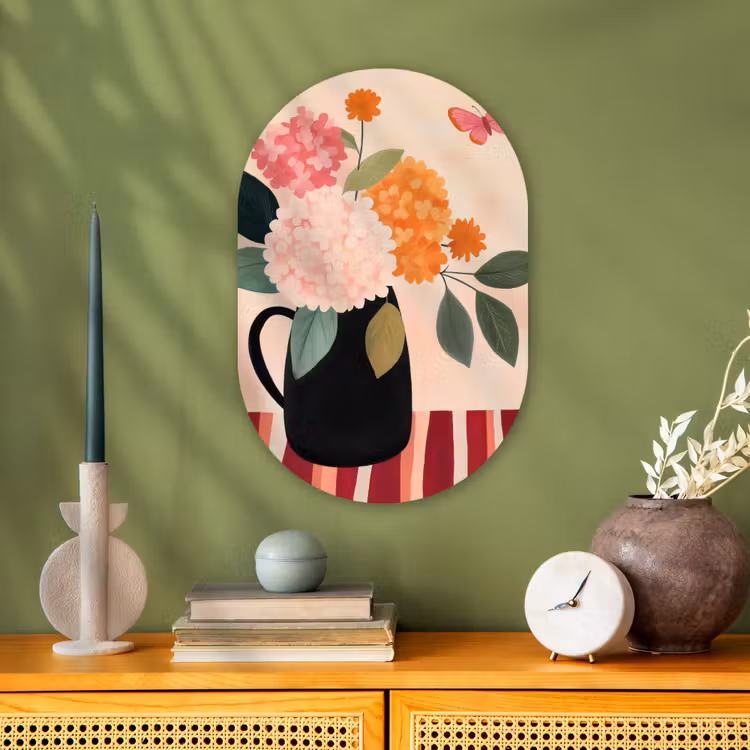 Vaas - Bloemen - Vlinder - Rood Wandcirkel Ovaal Forex klein -sfeer2