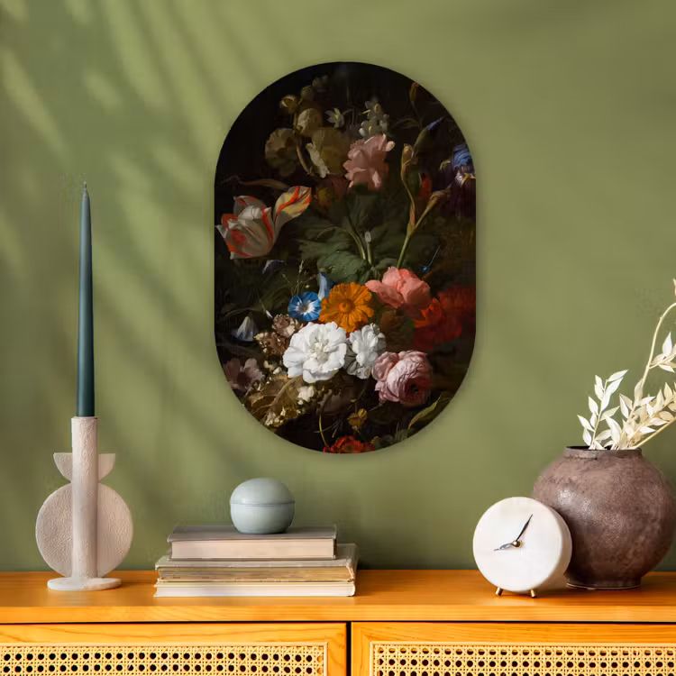 Vaas met bloemen - Schilderij van Rachel Ruysch Wandcirkel Ovaal Forex klein -sfeer2